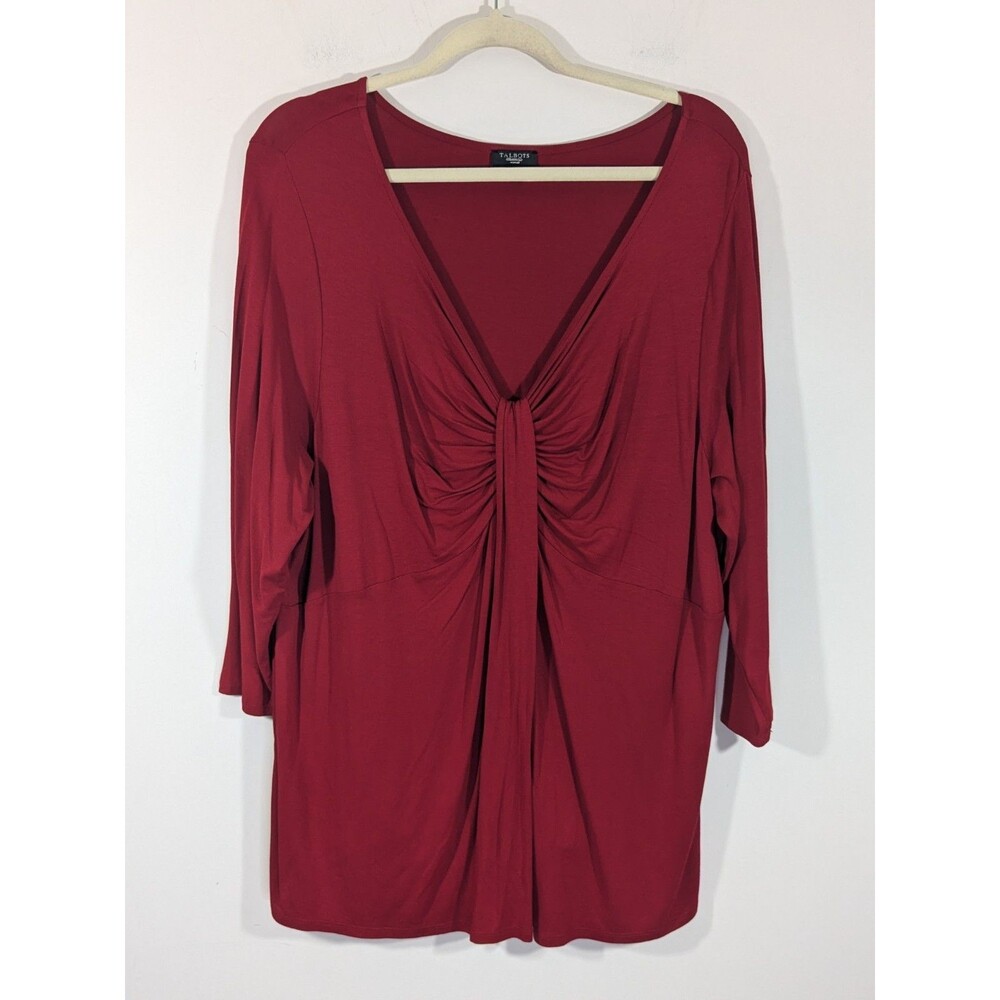 Talbots Woman Plus Size 2X Red Stretchy Christmas 3/4 Sleeve Blouse Shirt Top